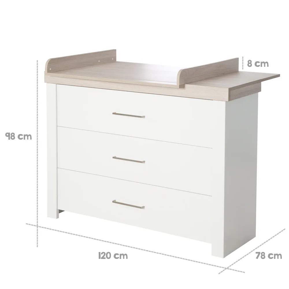 Commode à langer 'Lucy' avec extension pour langer, 3 tiroirs Soft-Close, hauteur à langer 90 cm