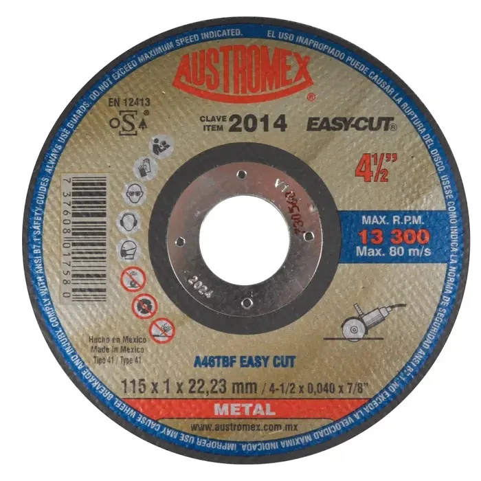Disco de Desbaste Disco Abrasivo para Corte Presto de Metal de 4-1/2 x 1-3/8 x 1/4 Austromex 2014
