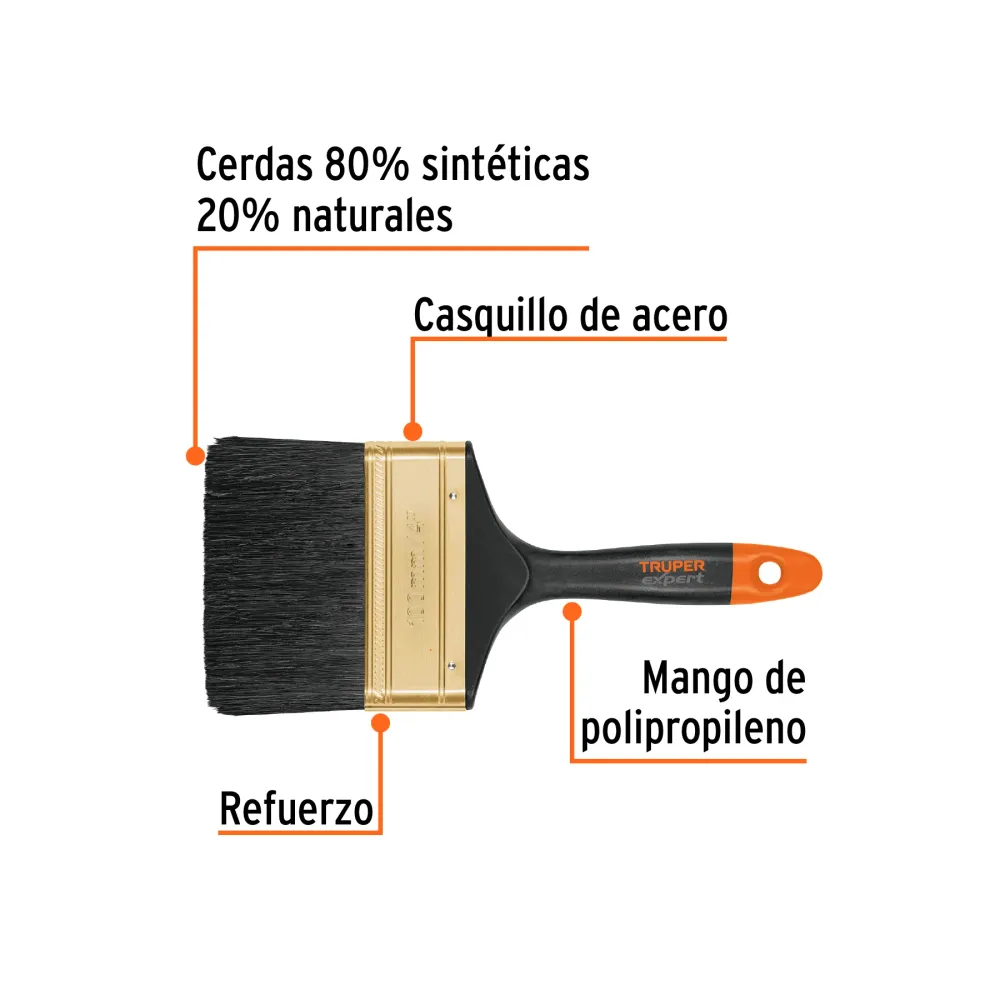 Brocha, mango de plástico, 4", Truper Expert Acero Templado