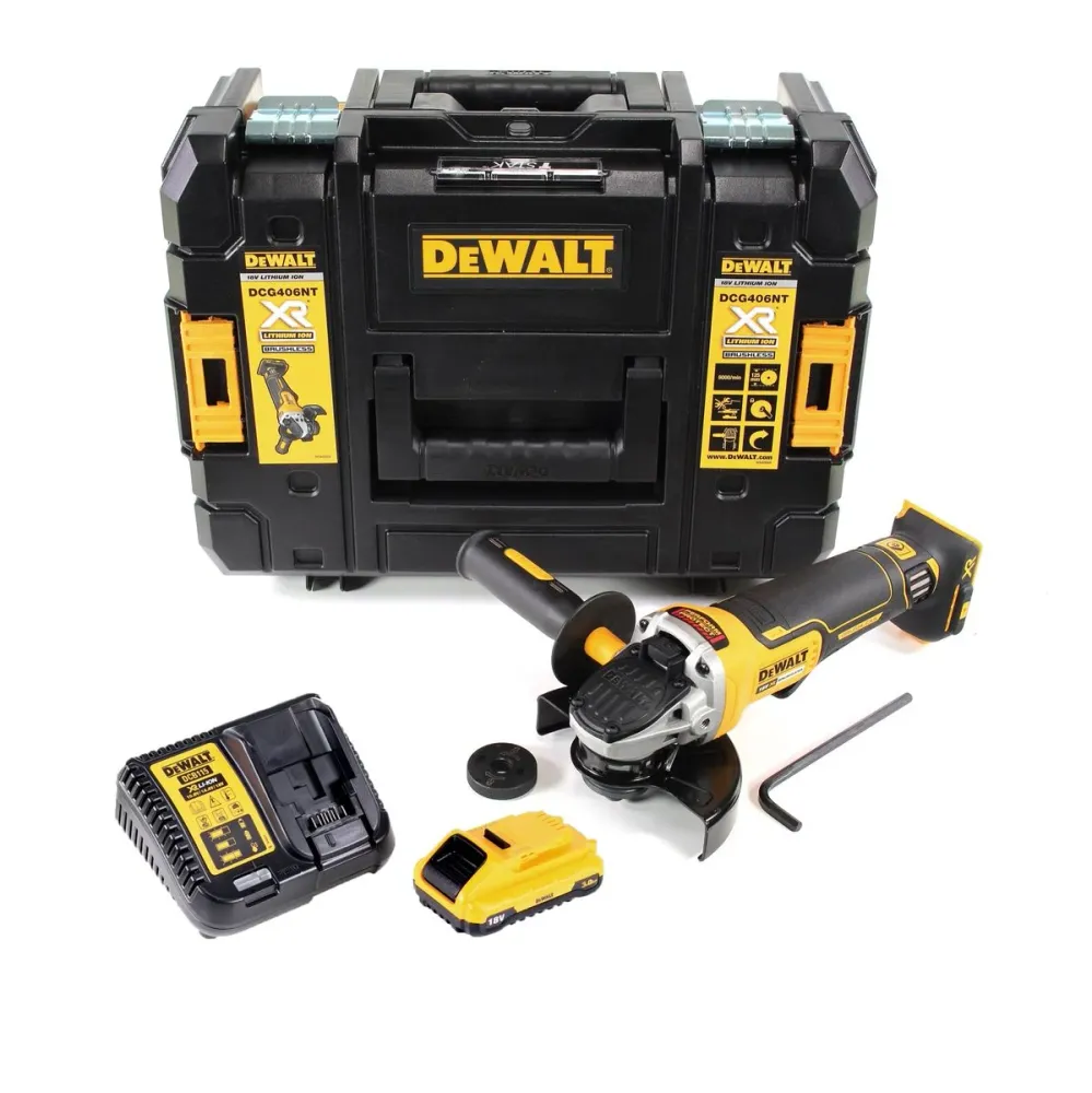 Amoladora angular baterí DeWalt DCG 406 L1 18V 125mm sin escobillas + 1x baterí 3.0Ah + cargador + TSTAK