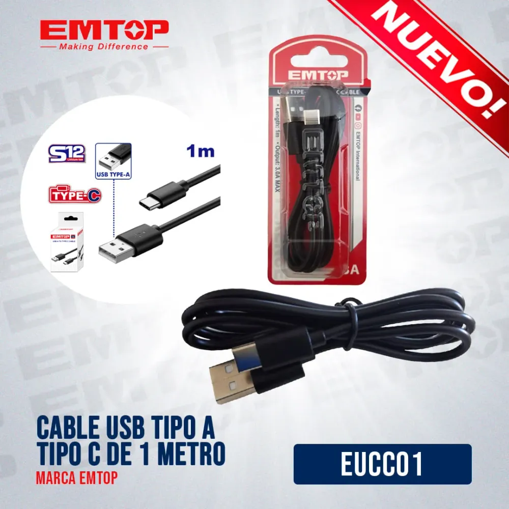 CABLE USB TIPO TIPO C DE 1 METRO DE LARGO. MARCA EMTOP