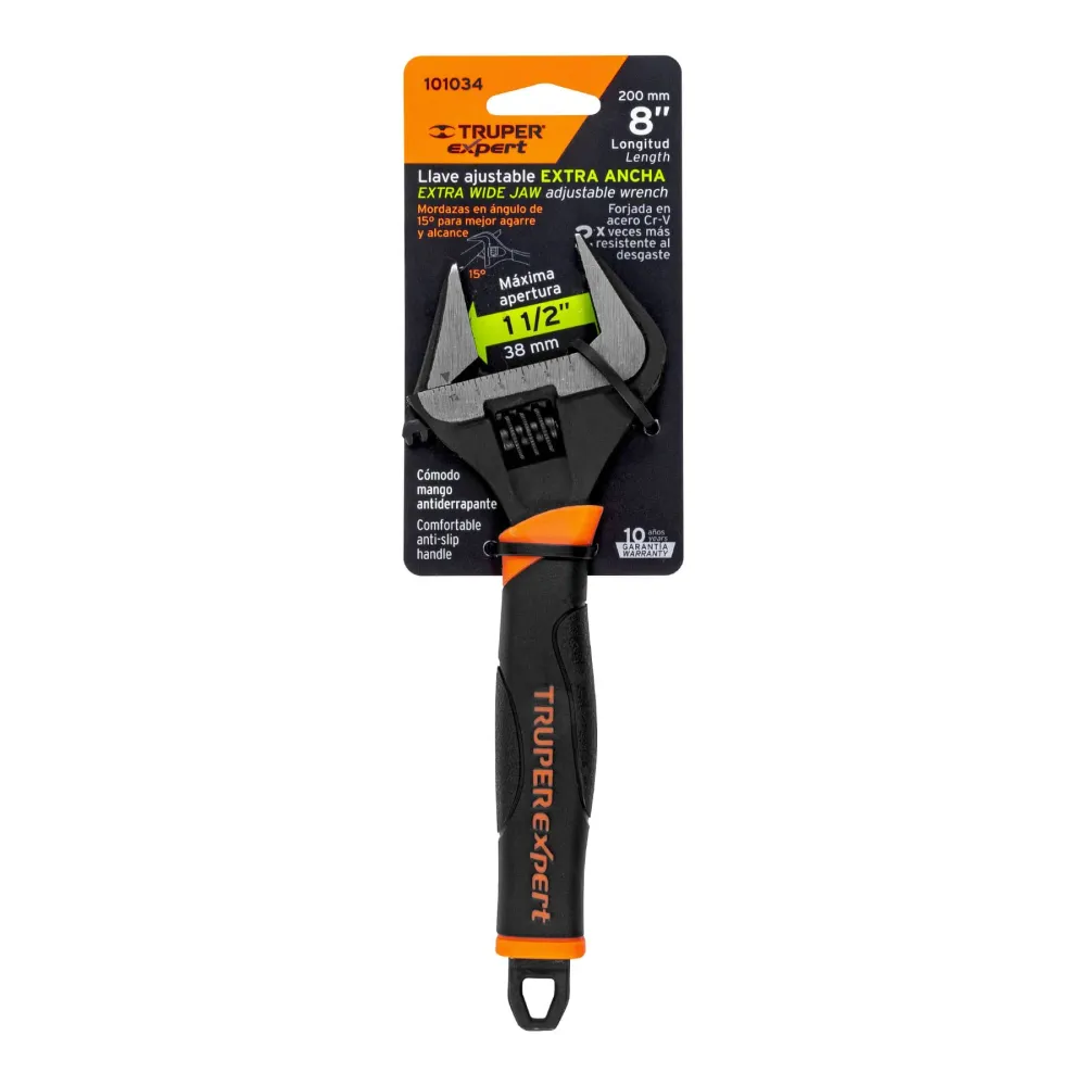 Llave ajustable (perico) 8" boca ancha Comfort Grip, Expert