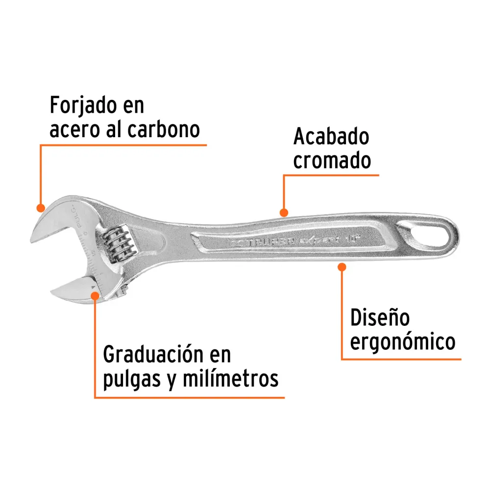 Llave ajustable (perico) 10" profesional cromada, Expert