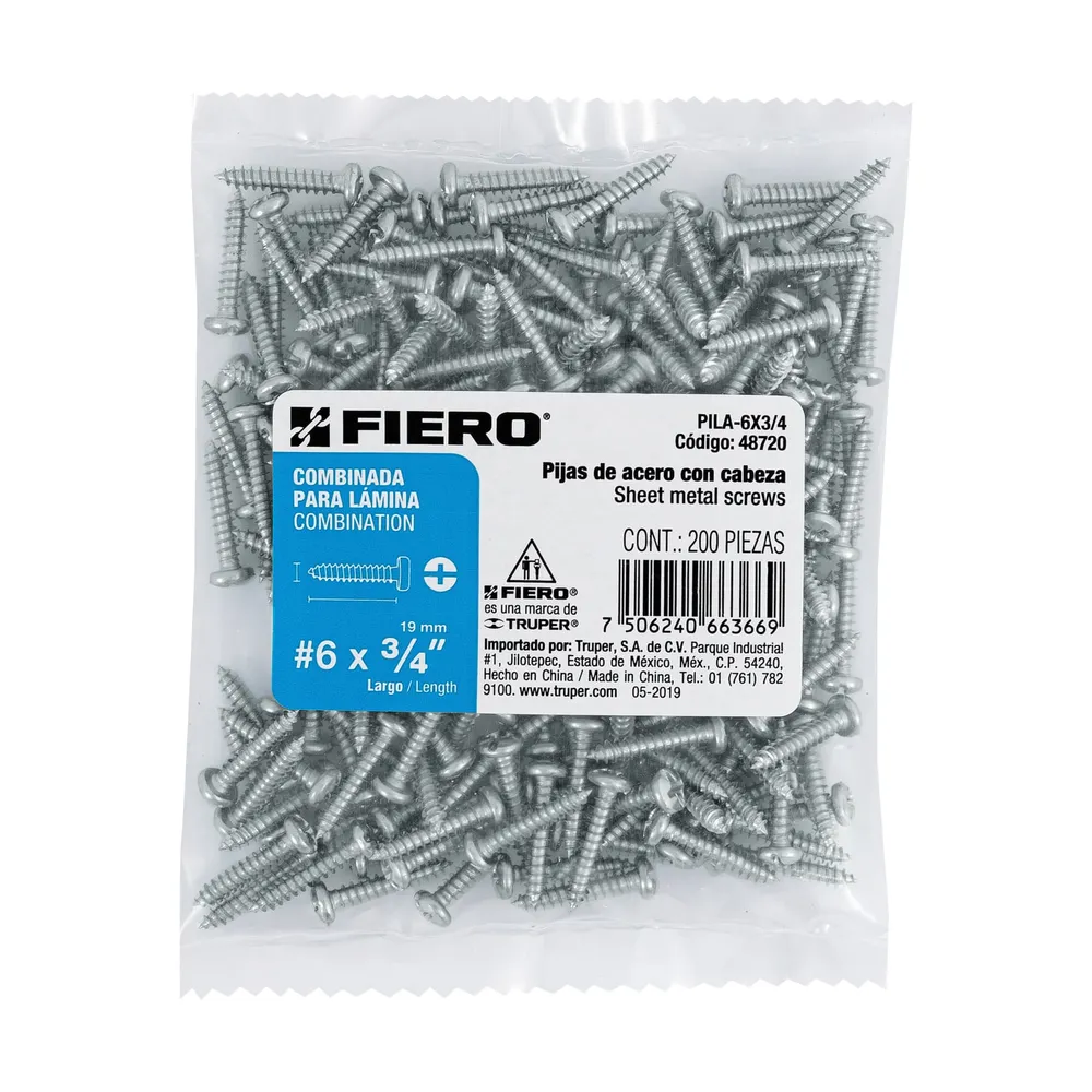 Bolsa con 200 pijas para lámina, #6 x 3/4", Fiero
