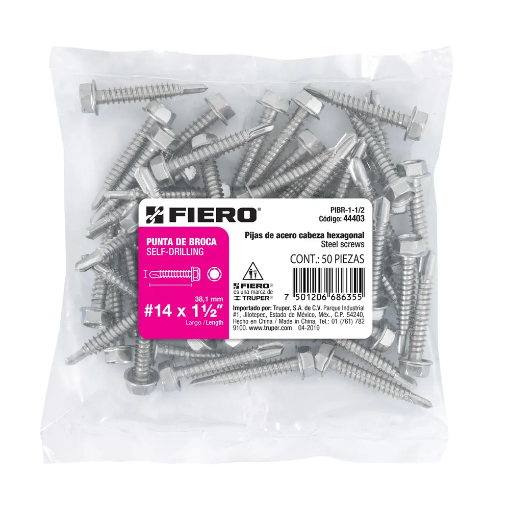 Bolsa con 50 pijas 1-1/2" cabeza hexagonal, punta de broca Fiero