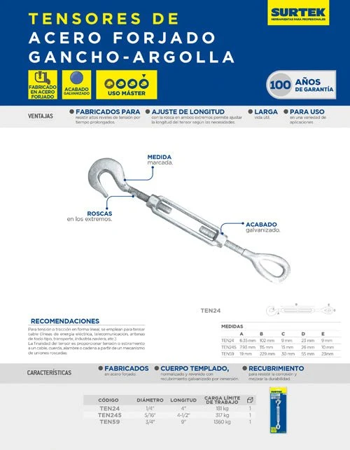 Tensor de acero forjado gancho - argolla 1/4" x 4" Surtek
