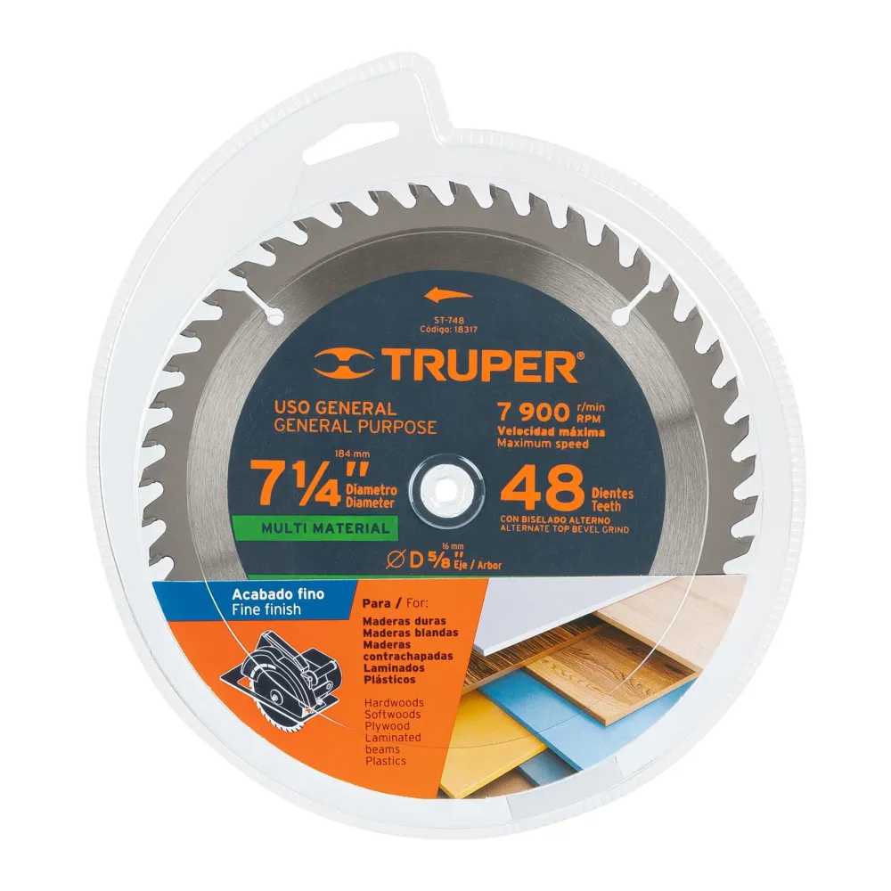 Disco sierra 7-1/4" multimaterial, 48 dientes centro 5/8" Truper