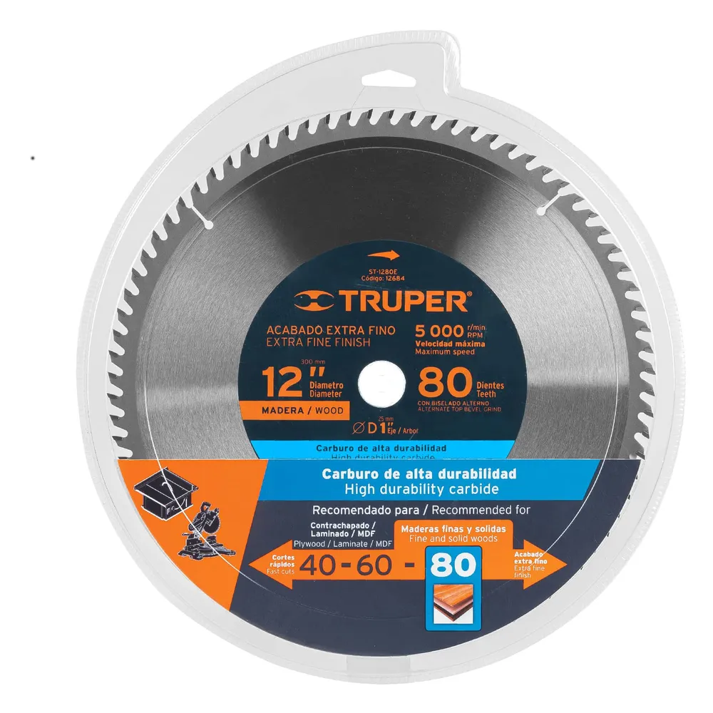 Disco sierra 12" para madera, 80 dientes centro 1", Truper