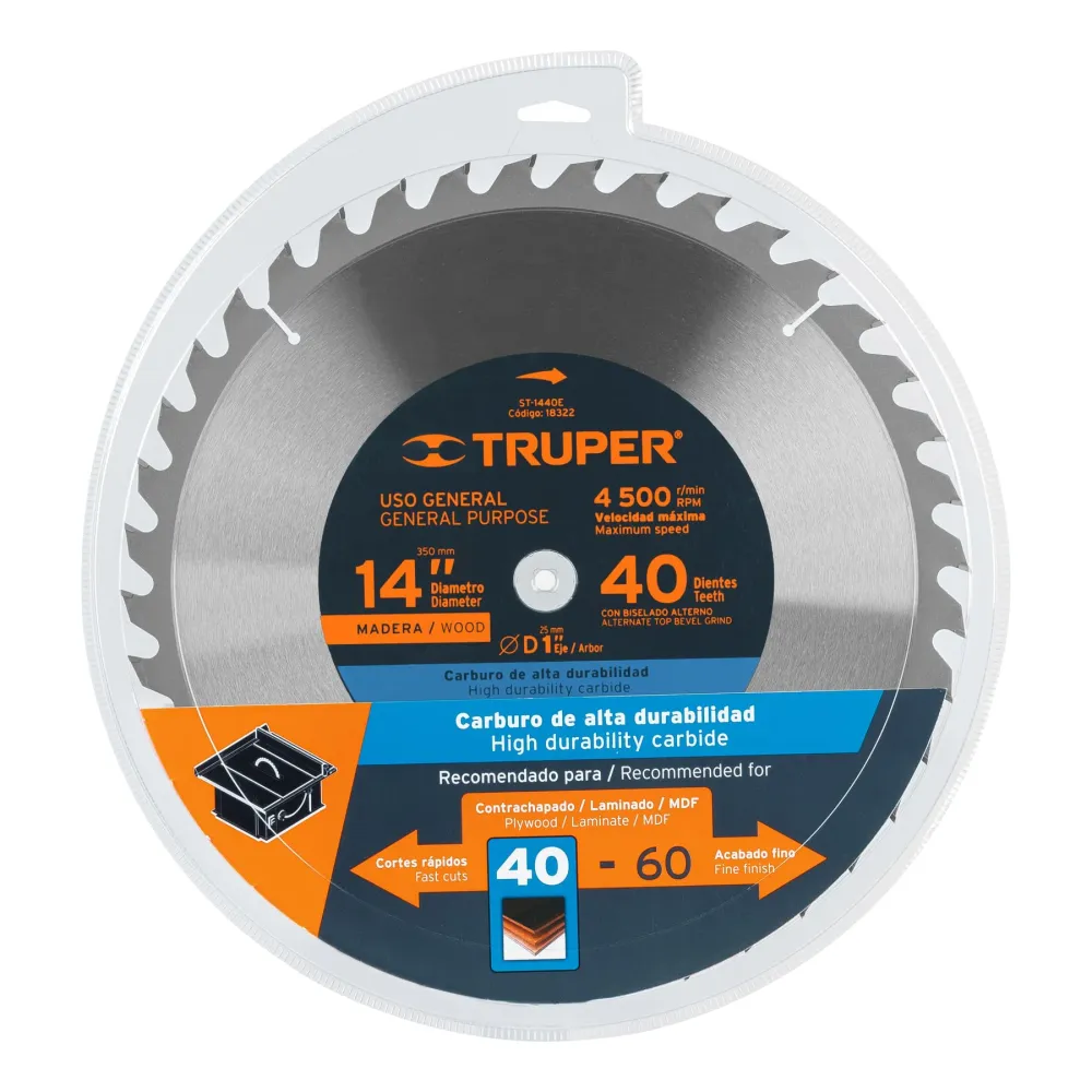 Disco sierra 14" para madera, 40 dientes centro 1", Truper