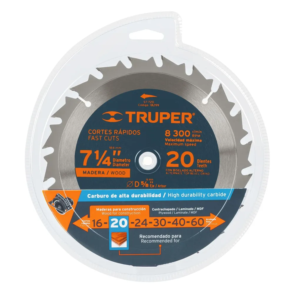 Disco sierra 7- 1/4" para madera, 20 dientes centro 5/8" Truper