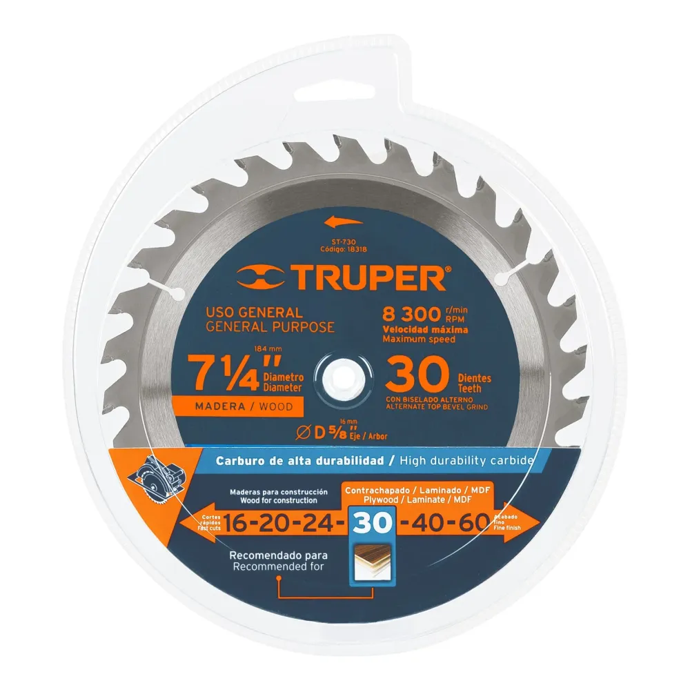 Disco sierra 7- 1/4" para madera, 30 dientes centro 5/8" Truper