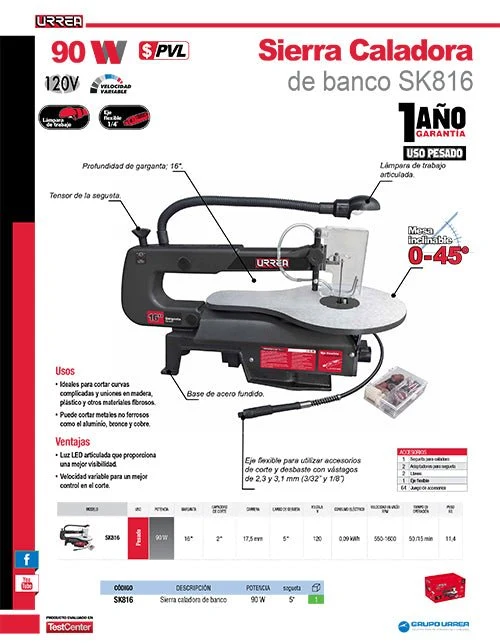 Sierra caladora de banco 16" 90 W 120 V Urrea