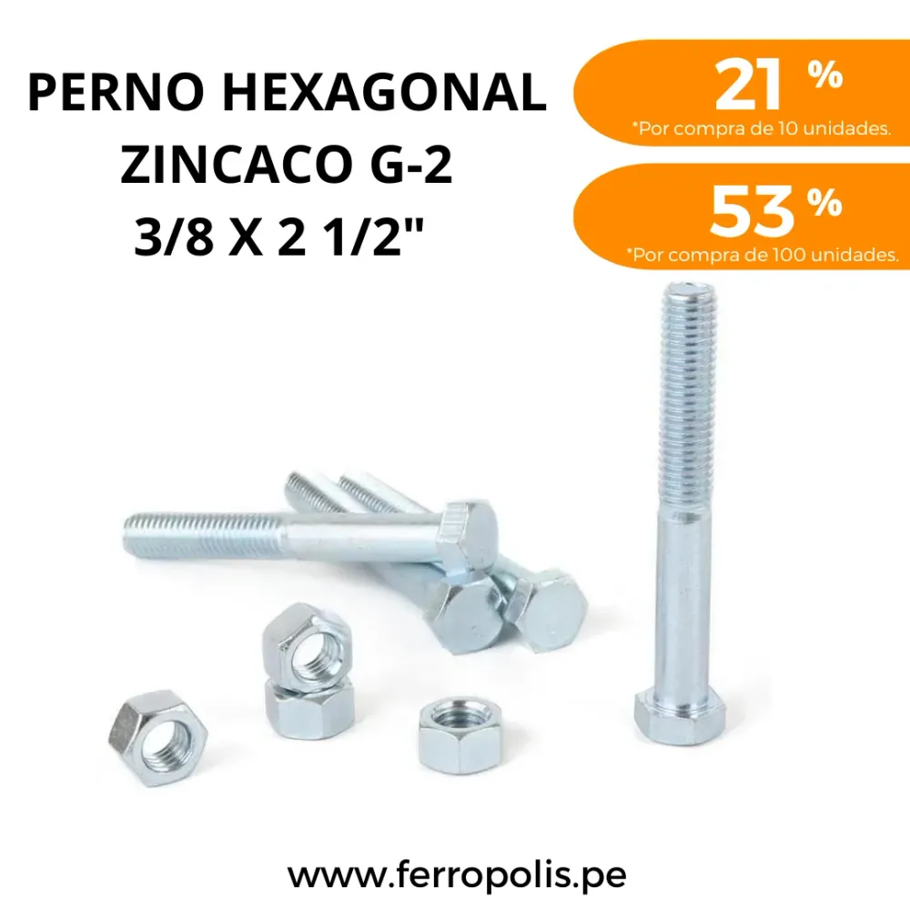 PERNO HEXAGONAL 3/8" X 2 1/2" C/T ( X UND ) con Rosca Completa