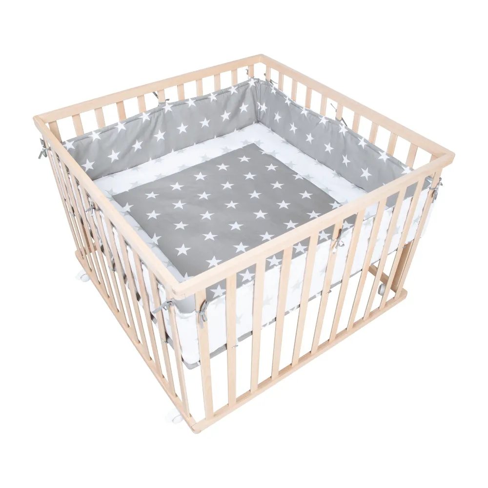 Playpen Made Wood + Insert 'Little Stars' - 3-Height Adaptable - Natural