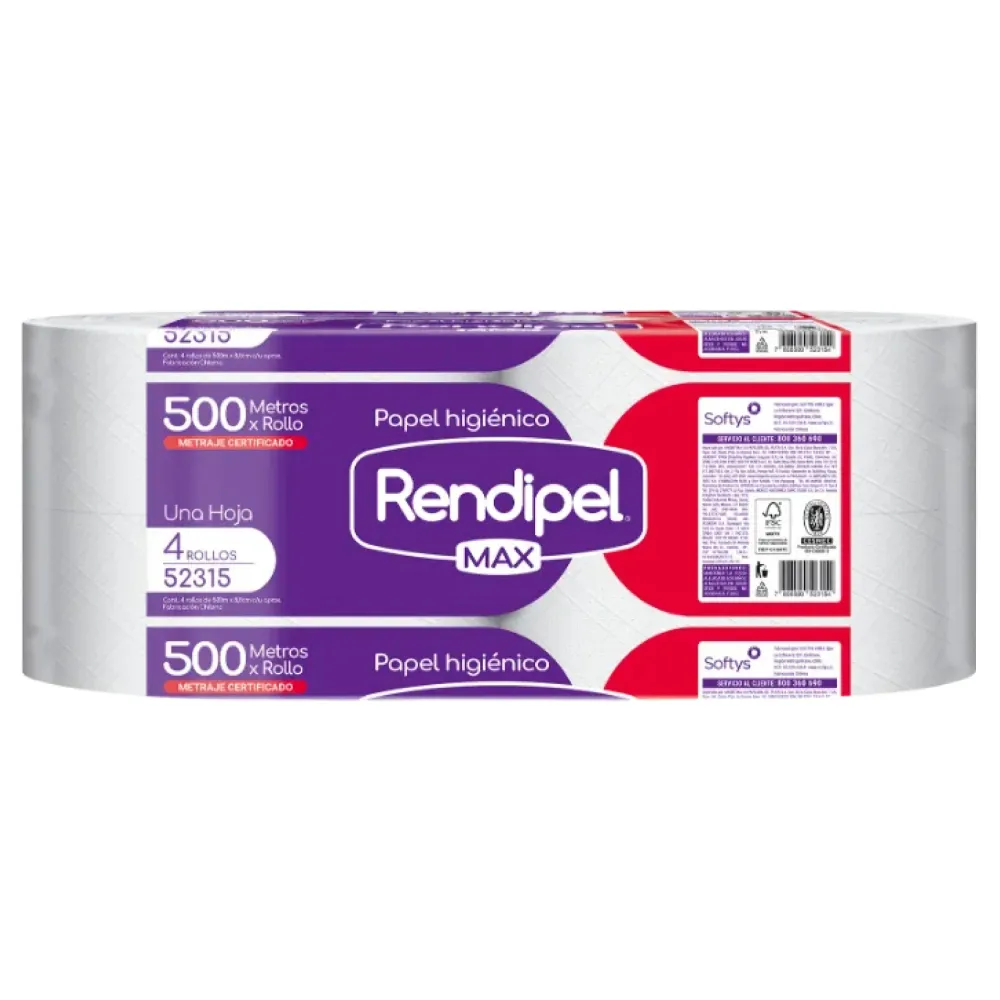 Rendipel Papel Higiénico Industrial 500 Metros x 4 Rollos para Uso Comercial