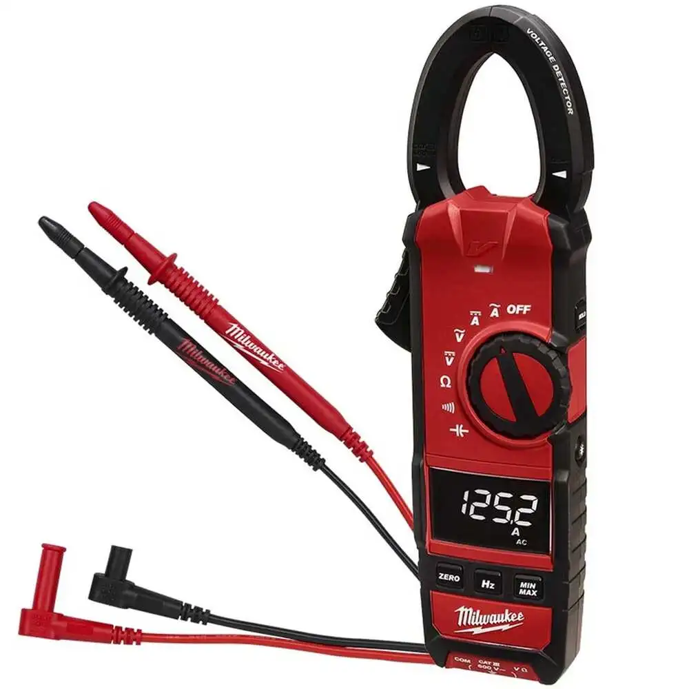 Amperimetro de gancho 600a/600v abarca 1 termopar doble tipo banana dos baterias aa y cables de prueba milwaukee