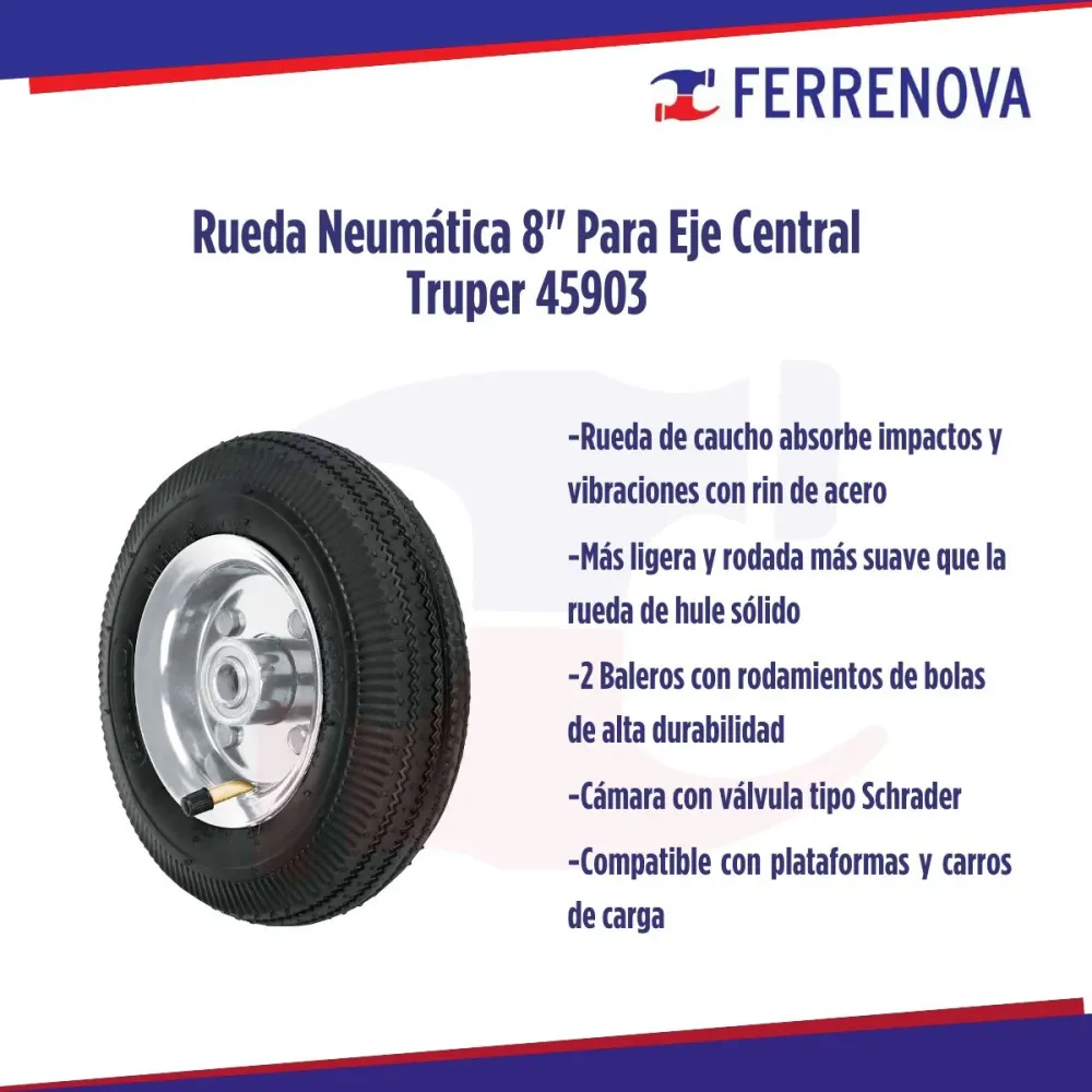 Rueda neumática 8" para eje central truper 45903 con Neumático Sólido